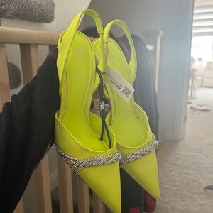 Zara Bright Yellow Slingback Heels with Rhinestone Detail